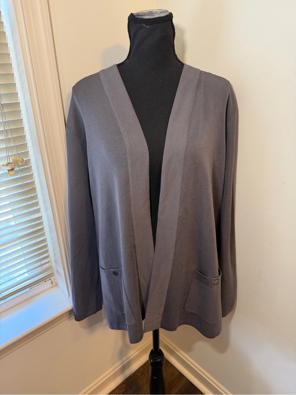 Anne Klein Women’s Open Front Knit Cardigan Gray XL Lightweight Sweater